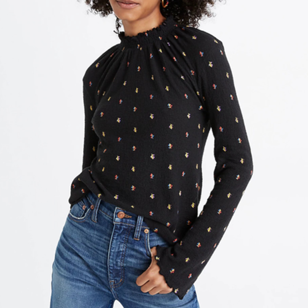 Madewell Texture & Thread Ruffled Mockneck Floral Top in Rainbow Buds Small
